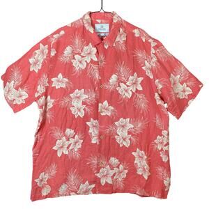 28 Palms Mens Shirt Salmon Floral Collared Silk Linen Blend Button Down XL